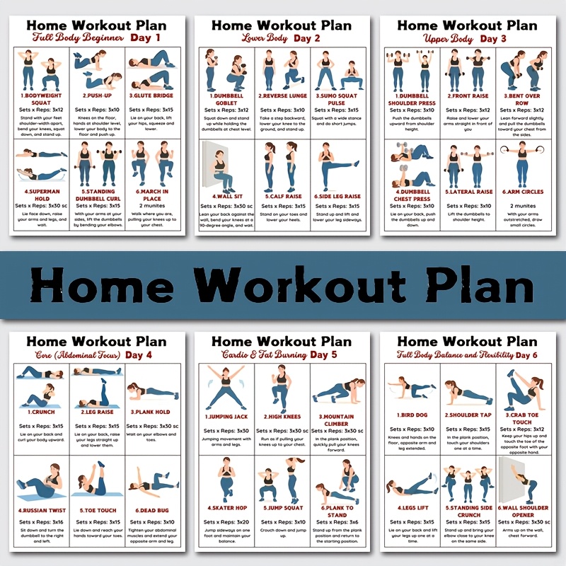 Workout Plan Home Gym - แผนภูมิการออกกำลังกายติดผนัง 6 ชิ้น สำหรับออกกำลังกายแขน ขา สะโพก
