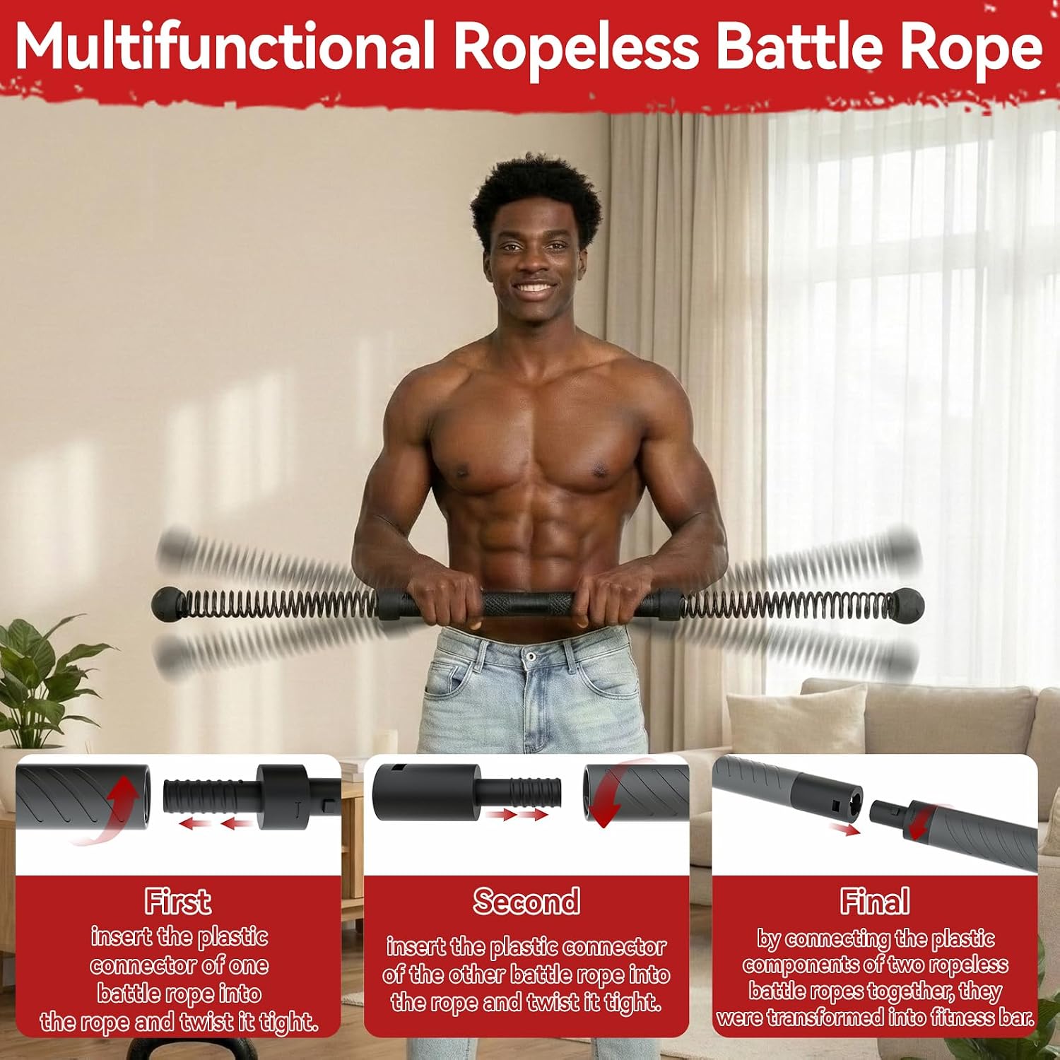 Home Gym Workout Equipment - อุปกรณ์ออกกำลังกายแบบ 2-in-1 รุ่นอัพเกรด: เชือกออกกำลังกายไร้สายพร้อมบาร์บิดตัว, อุปกรณ์ฝึกความแข็งแรงด้วยสปริงยืดหยุ่นสูง, อุปกรณ์ออกกำลังกายสำหรับการบริหารกล้ามเนื้อทั่วร่างกายเพื่อเสริมสร้างความแข็งแรงของร่างกายส่วนบน,