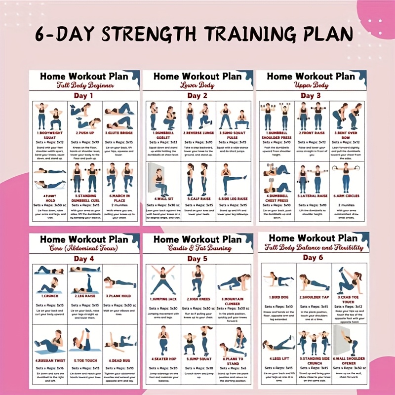 Workout Plan Home Gym - แผนภูมิการออกกำลังกายติดผนัง 6 ชิ้นสำหรับฟิตเนสที่บ้าน, แผนการออกกำลังกายที่บ้าน, แผนการออกกำลังกายในยิม, คู่มือฟิตเนส,