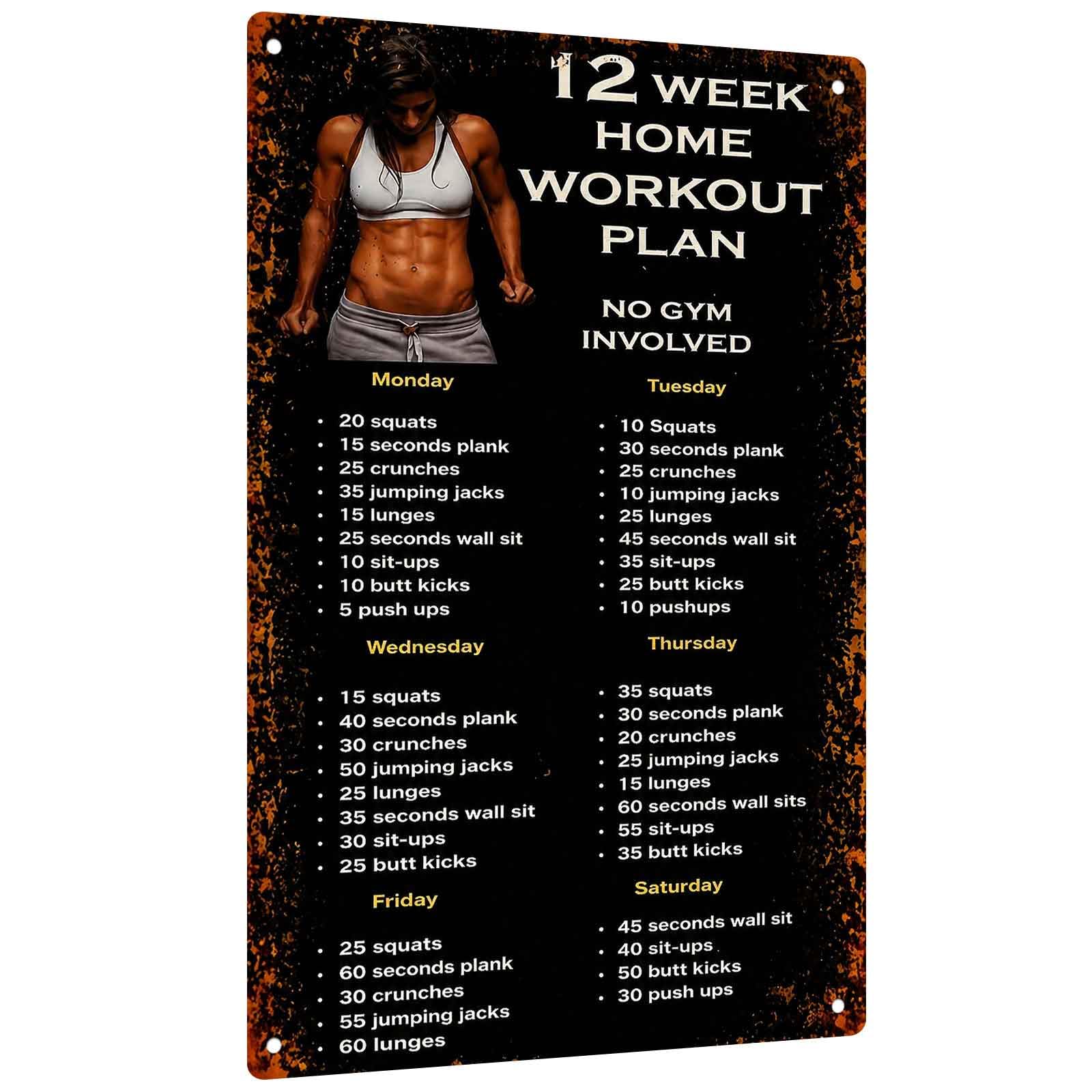 Workout Plan Home Gym - ป้ายอะลูมิเนียมสำหรับแผนการออกกำลังกายที่บ้าน 12 สัปดาห์ - ของตกแต่งผนังที่สร้างแรงบันดาลใจสำหรับยิมหรือพื้นที่ออกกำลังกายที่บ้านของคุณ ขนาด